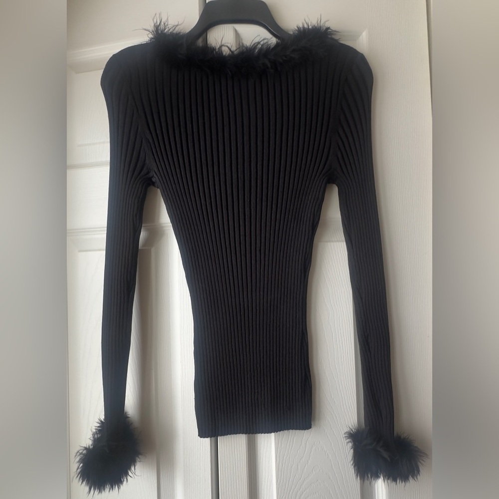 INC International Concepts Black Ribbed Top with Feather Detail - Picture 2 of 5